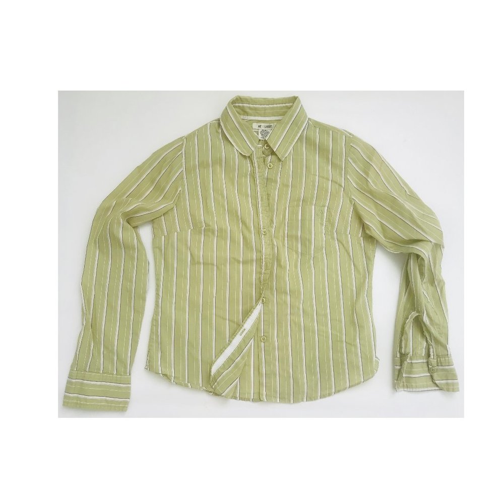 At Last cotton blend green striped shirt S